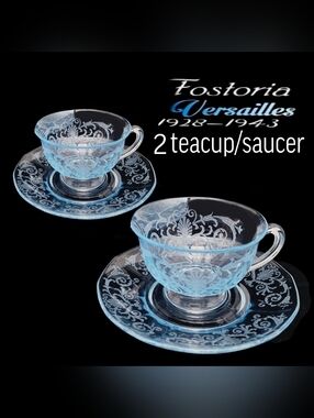 Vintage Fostoria Versailles Azul Etched 2 Teacup w/ Saucers Set